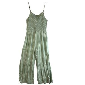 Japna Womens Sage Green Floral Stripe Smocked Wide Leg Jumpsuit Size L Boho